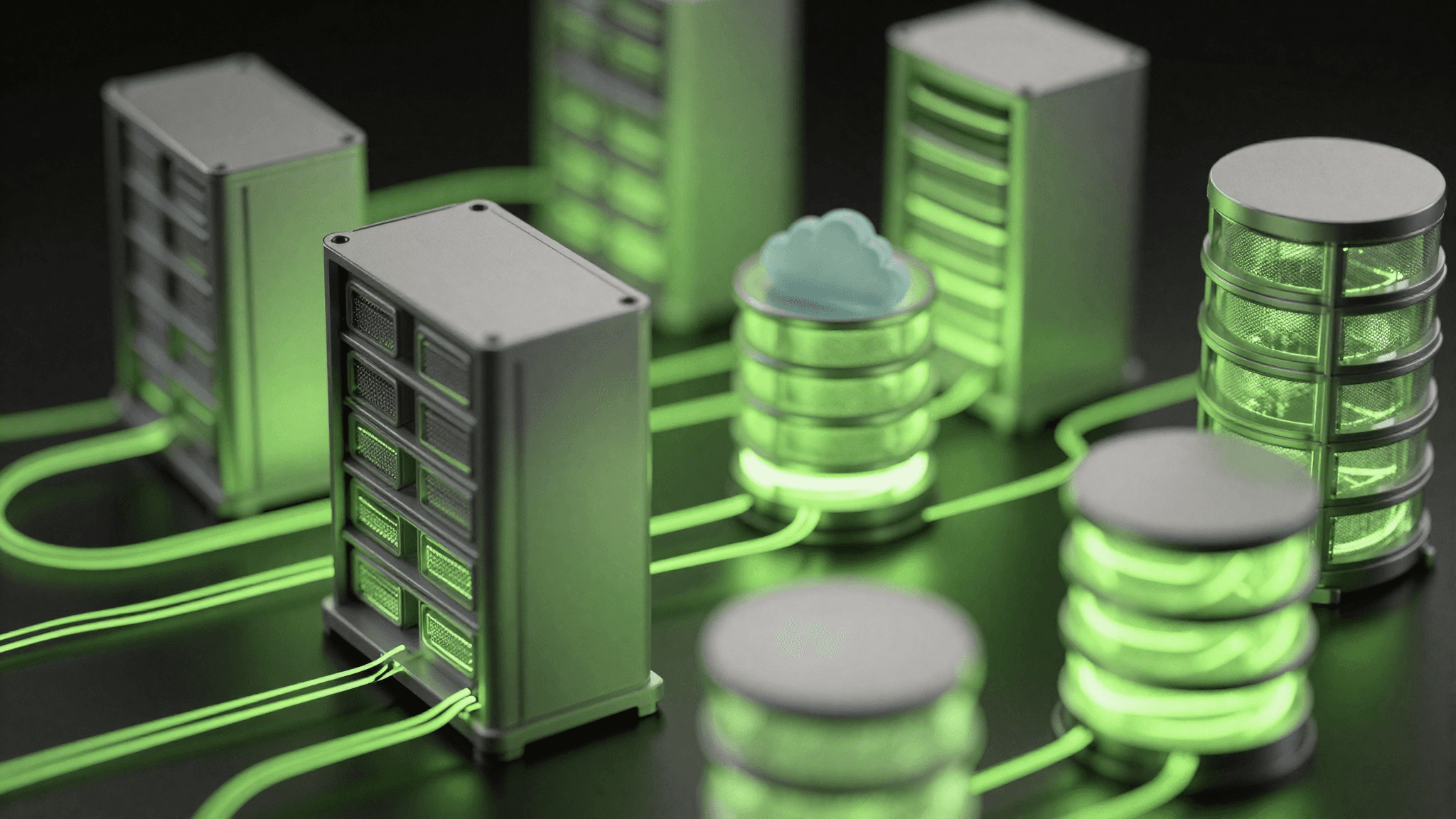 Abstract mockup of glowing servers and databases representing the vCure backend