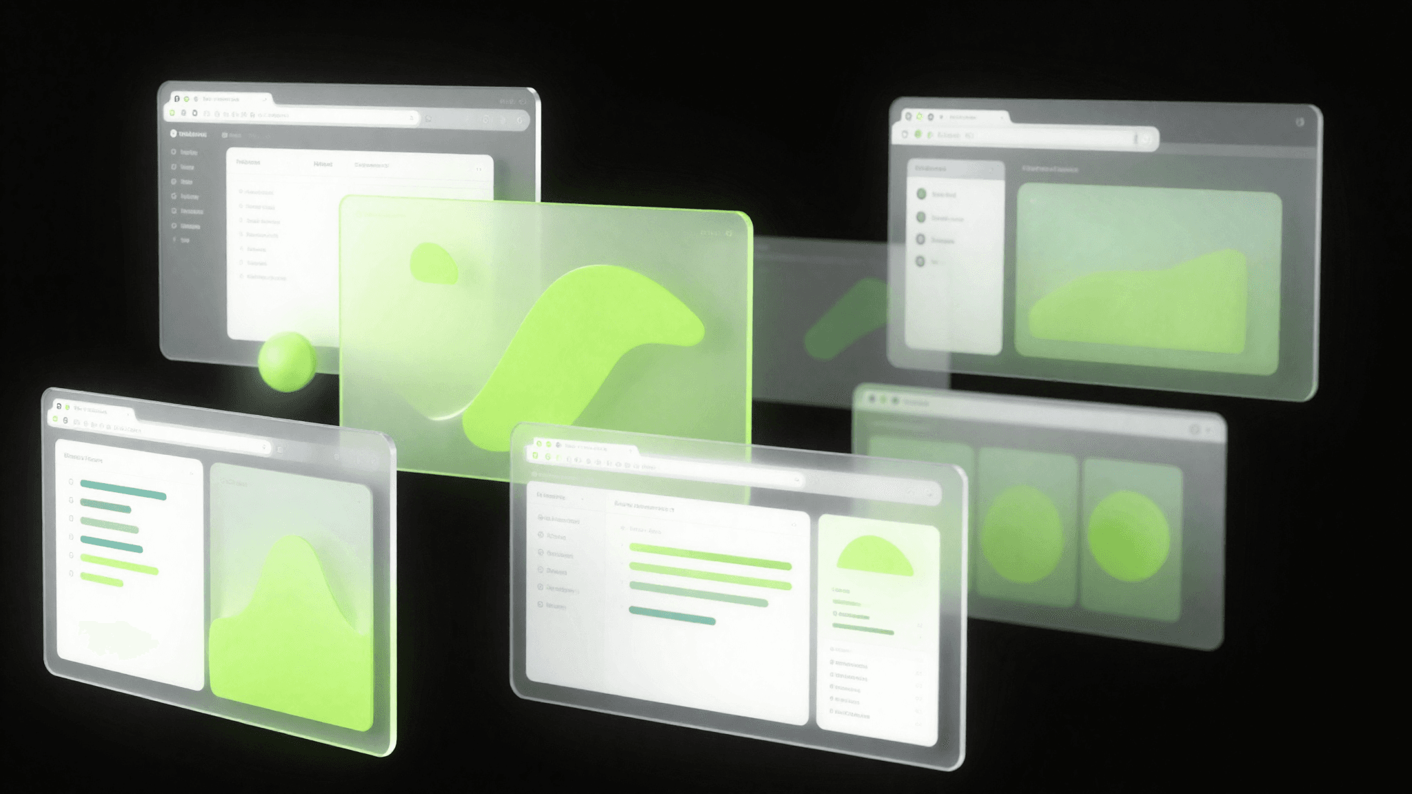 Abstract mockup of floating dashboard windows representing the vCure web panels
